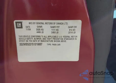 2005 Pontiac Grand Prix Gt from USA, damaged, VIN 2G2WS522151219887